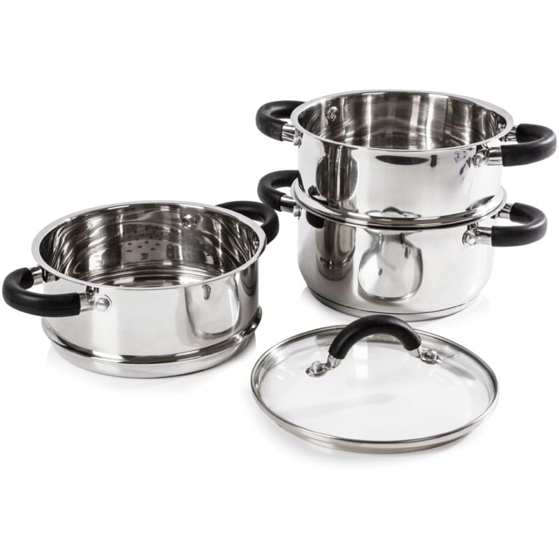 foto del prodotto t80836 essentials vaporiera pentola induzione per cottura vapore a 3 ripiani con coperchio in vetro, in acciaio inox con manici in silicone, 18 cm,