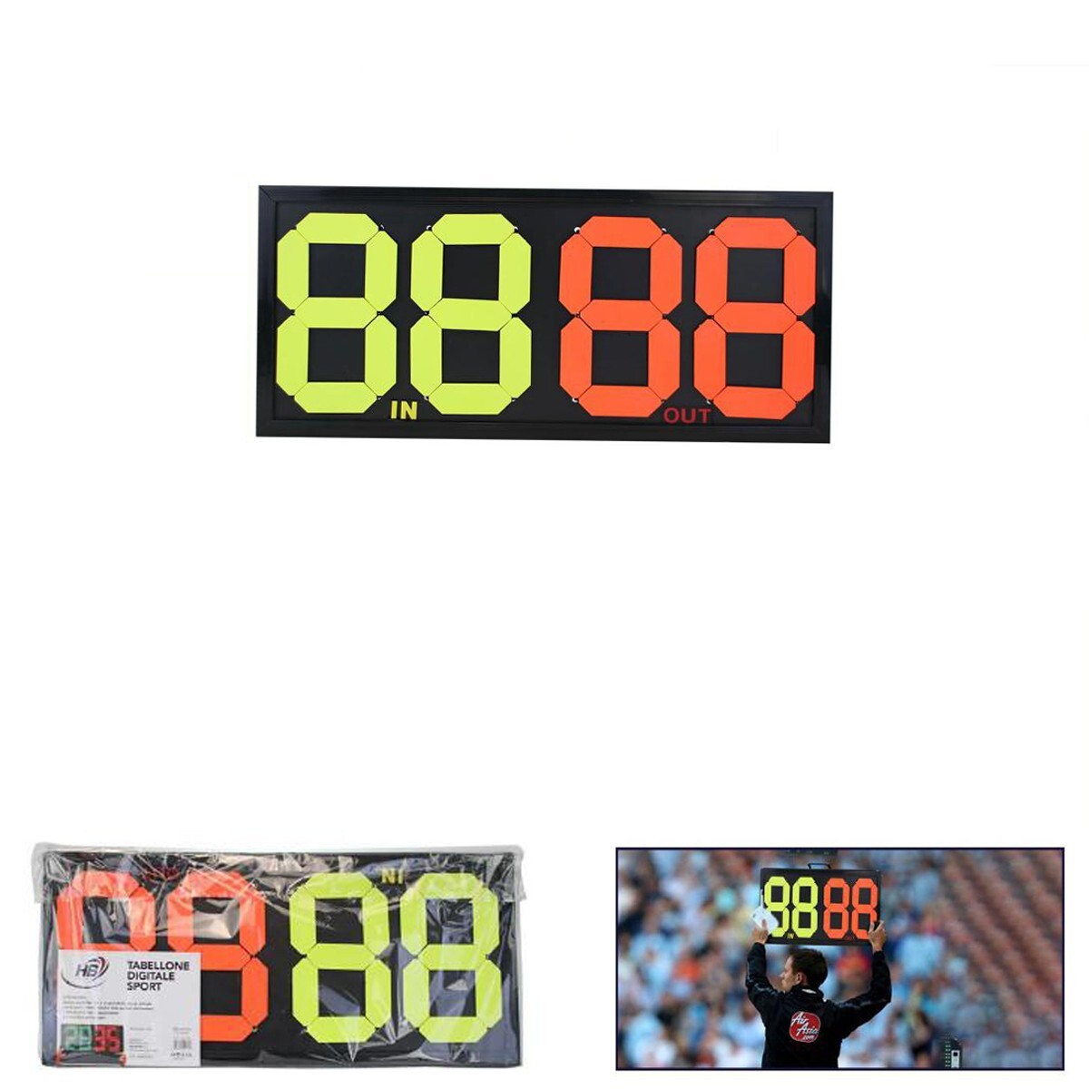 foto del prodotto tabellone calcio sport sostituzioni cambi tabella arbitro a 4 cifre fronte retro