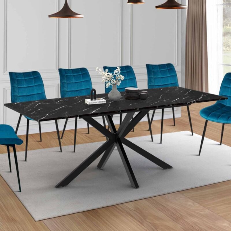 foto del prodotto table manger extensible rectangle alix 6 10 personnes pied araign e m tal noir et plateau effet marbre noir alaska 160 200 cm