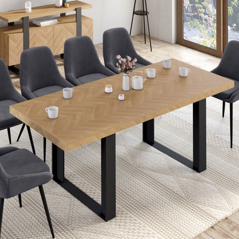 foto del prodotto table manger extensible rectangle cassius 6 10 personnes effet chevrons et pieds noirs 160 200 cm