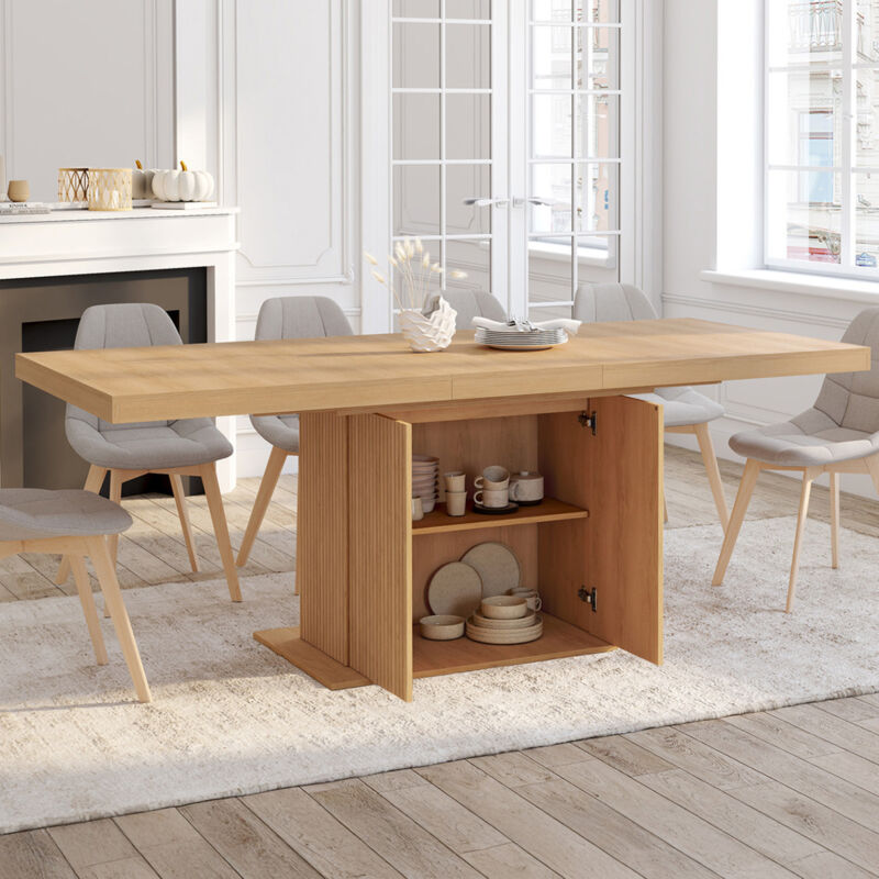 foto del prodotto table manger rectangle extensible juliette pied central effet lattes avec rangement 160 cm