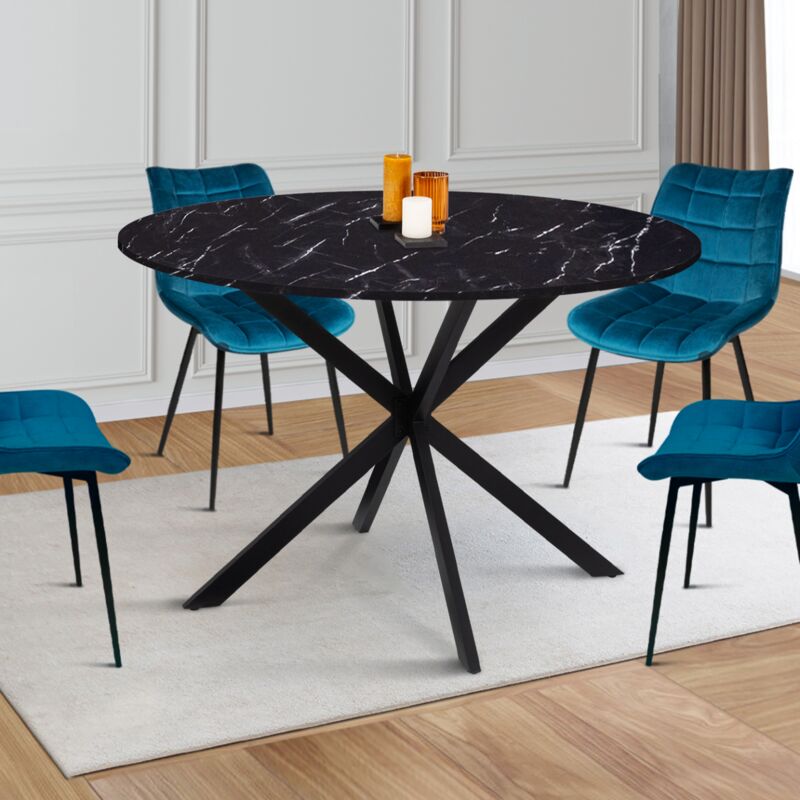 foto del prodotto table manger ronde alix 4 6 personnes pied araign e m tal noir et plateau effet marbre noir alaska 110 cm