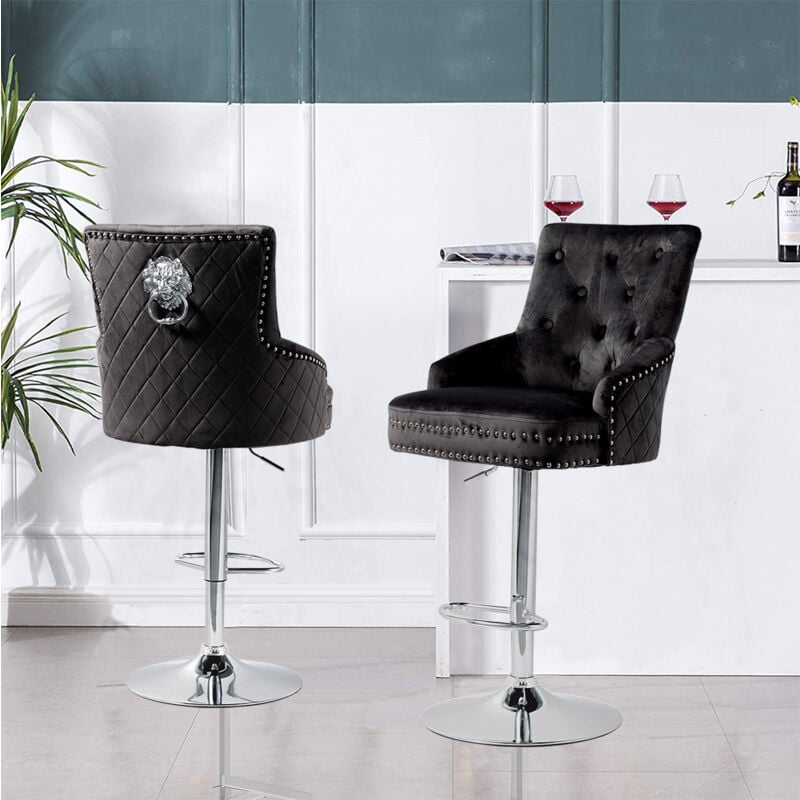 foto del prodotto taburete de bar industrial vintage - silla de bar de metal cromado y terciopelo asiento de cocina giratorio de altura ajustable - 1 silla negra