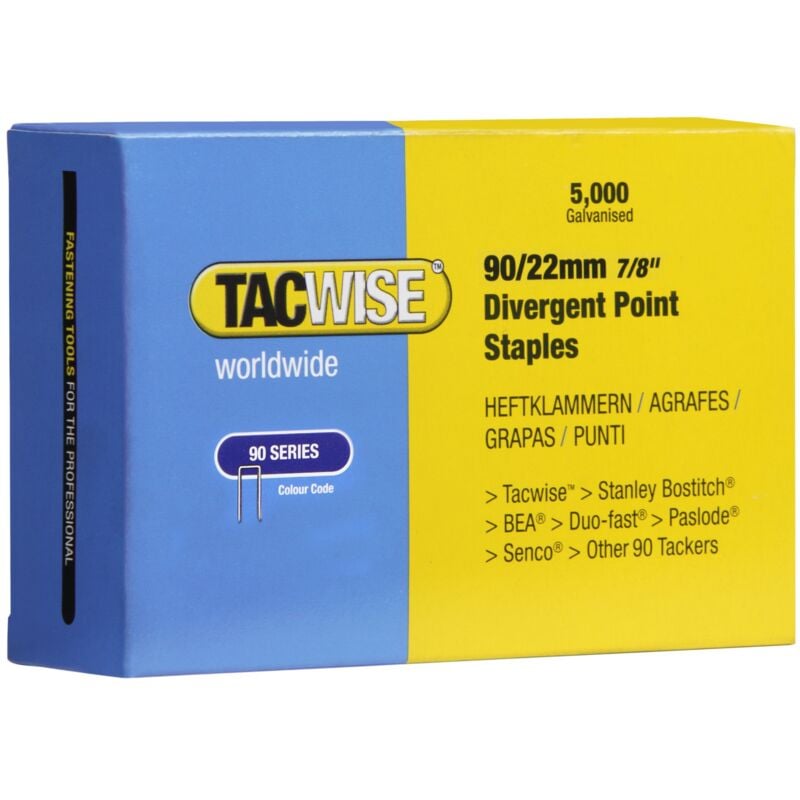 foto del prodotto tacwise 0313 punti a corona stretta galvanizzati tipo 90 22 mm, punta divergente, confezione da 5000, 22mm