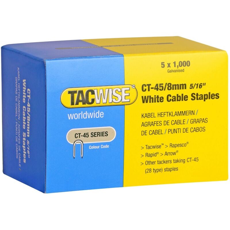 foto del prodotto tacwise 0980 punti ferma cavi bianchi di acciaio galvanizzato tipo ct 45 da 8 mm, confezione da 5000