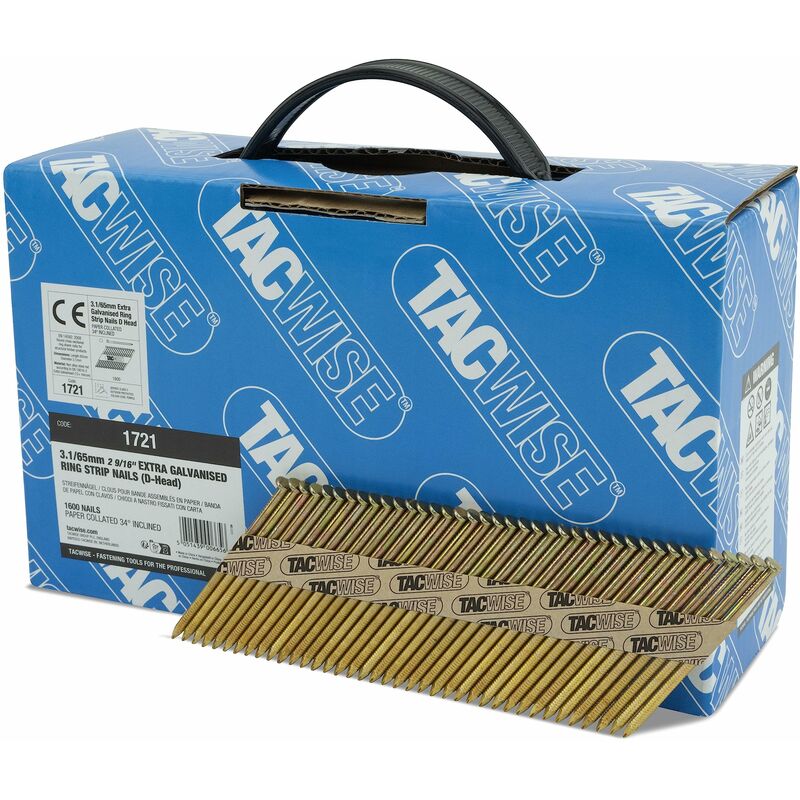 foto del prodotto tacwise 1721 chiodi inclinati a 34 3,1 65 mm, zincati extra con testa a d , gambo anellato, fascicolati con carta, confezione da 1600