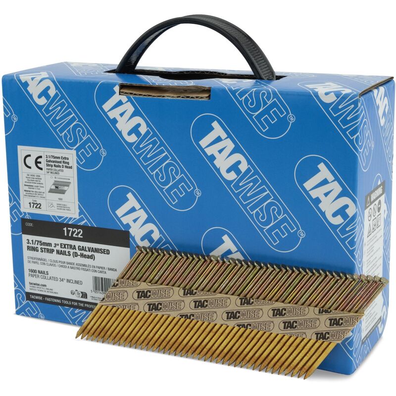 foto del prodotto tacwise 1722 chiodi inclinati a 34 3,1 75 mm, zincati extra con testa a d , gambo anellato, fascicolati con carta, confezione da 1600, argento