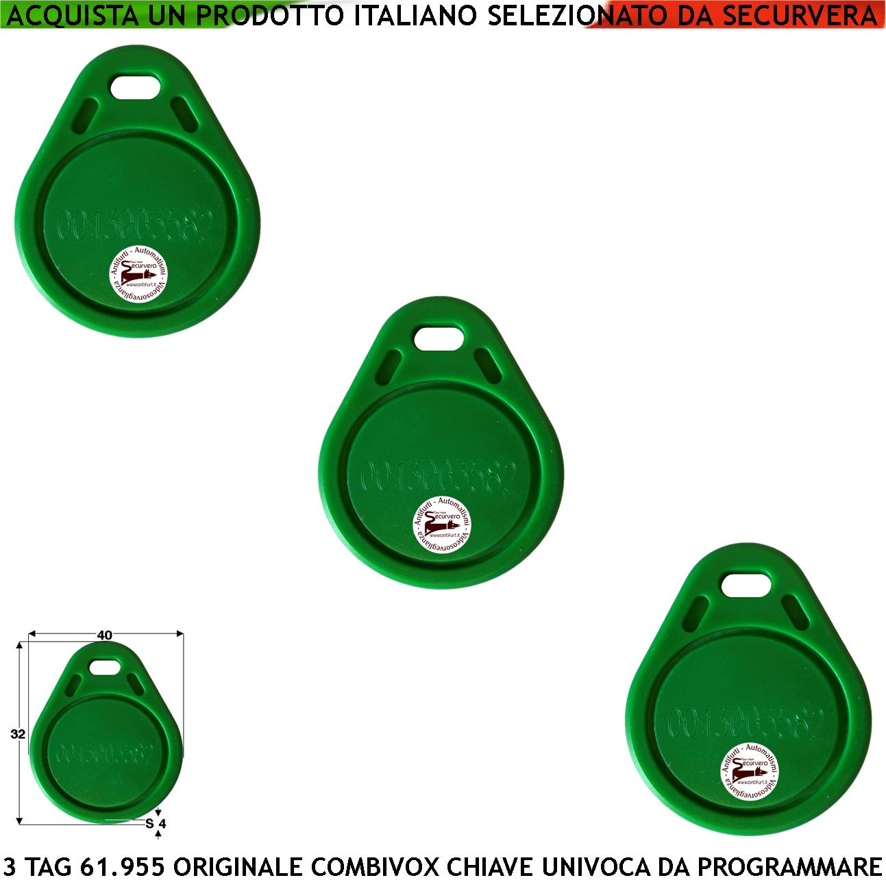 foto del prodotto tag rfid 3 trasponder di prossimità alta sicurezza codice base combivox 61.955 univoco frequenza di lavoro 125 khz altri codici generati random chiave con foro portachiavi alimentazione per induzione