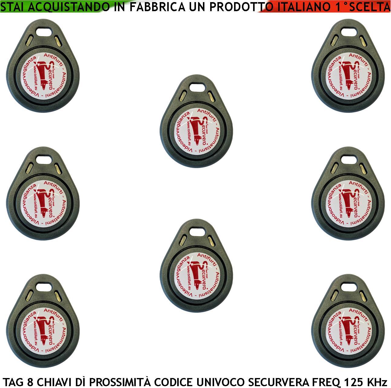 foto del prodotto tag rfid otto trasponder di prossimità alta sicurezza codice base univoco securvera em-4100 frequenza di lavoro 125 khz codici generati random chiavi alimentazione per induzione con foro portachiavi
