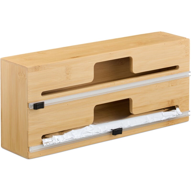 foto del prodotto taglia pellicola da cucina, 2 scomparti porta carta forno e stagnola, hxlxp 14,5x33,5x8 cm, bamb , naturale relaxdays