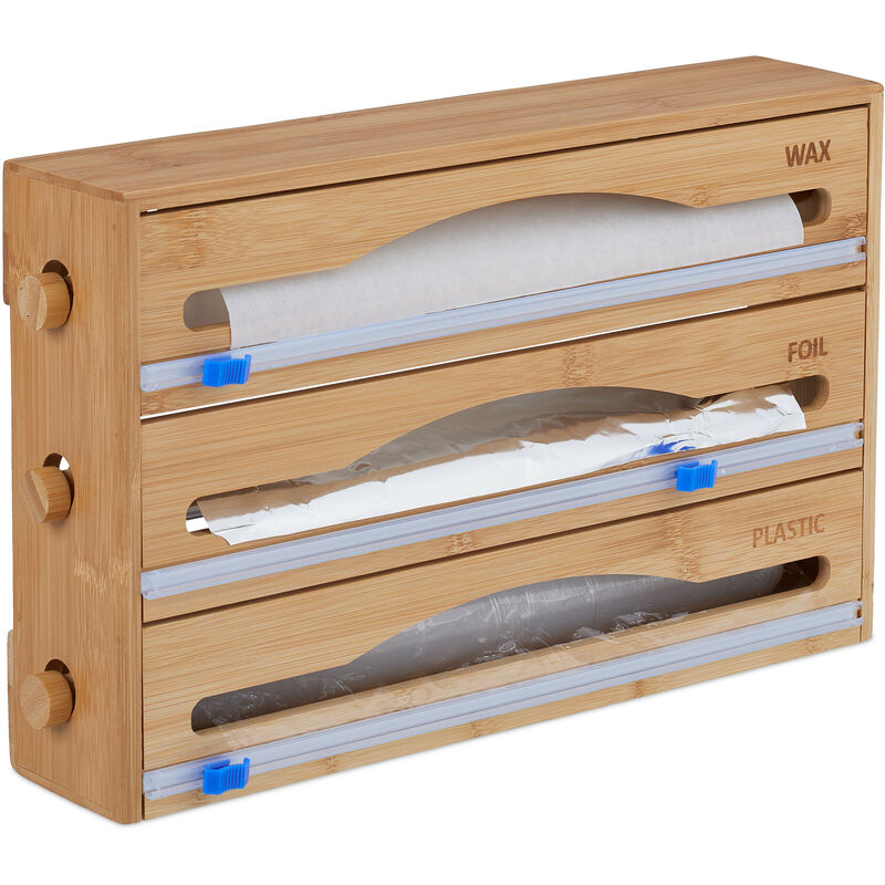 foto del prodotto taglia pellicola da cucina, dispenser a muro porta carta forno e stagnola, 23,5 x 39 x 9 cm, bamb , naturale relaxdays