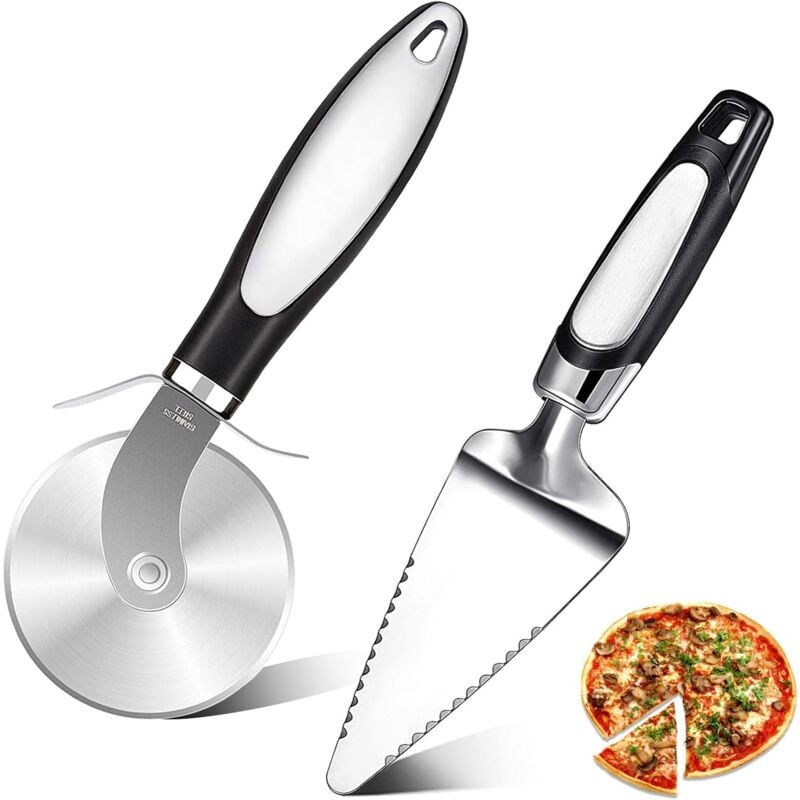 foto del prodotto taglia pizza, taglia pizza e pala per torta, coltello per pizza con manico in silicone e lame in acciaio inossidabile con copertura protettiva