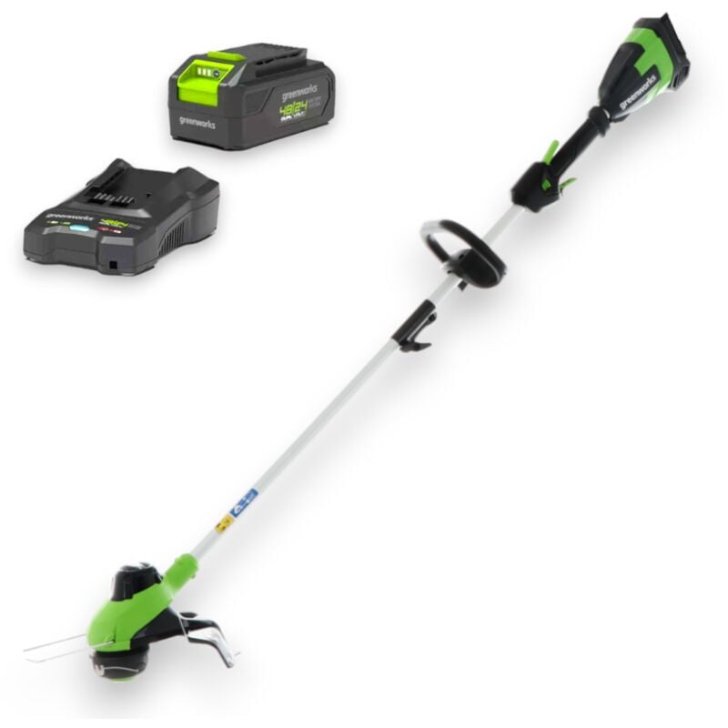 foto del prodotto tagliabordi 48v leggero testina doppio filo con kit caricatore e batteria greenworks