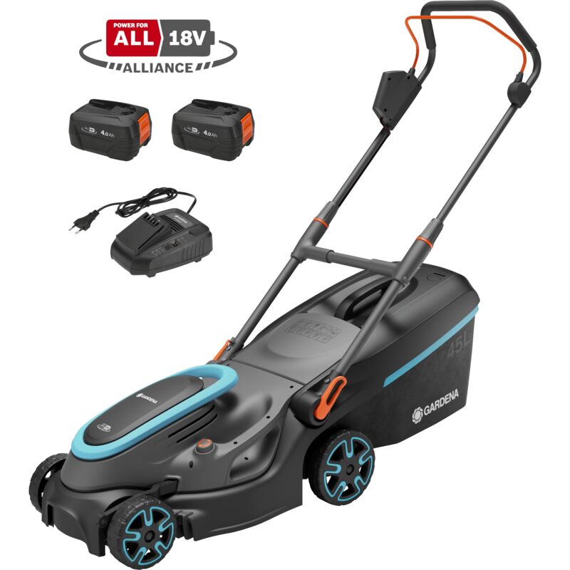 foto del prodotto tagliaerba a batteria 18v powermax, superfici fino a 350 m2, larghezza taglio 37 cm, batteria inclusa power for all 14638 20 gardena