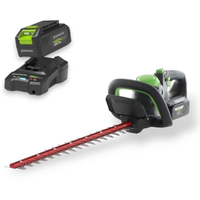foto del prodotto tagliasiepi a batteria 48v con kit batteria e caricatore lama 61 cm e impugnature regolabile greenworks g48htk2
