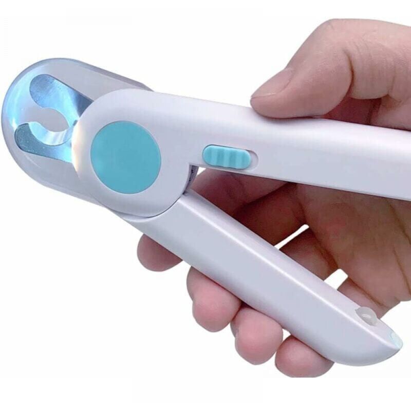 foto del prodotto tagliaunghie professionale per cani e gatti blu , con luci led e protezione anti spruzzi, per animali di piccola e media taglia.