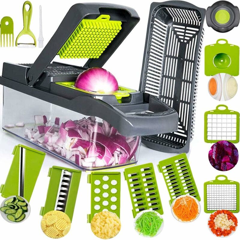 foto del prodotto tagliaverdure 13 in 1, affettaverdure, verdure sminuzzate, 7 lame regolabili raschietto da cucina multifunzione per affettare, tagliare verdure e