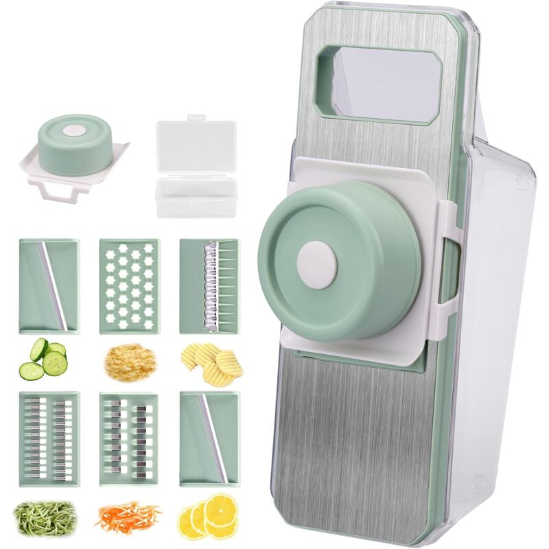 foto del prodotto tagliaverdure 6 in 1, tagliaverdure, tagliaverdure manuale, regolabile, con scatola di scarico, trituratore da cucina, affettatrice patate, pomodori,