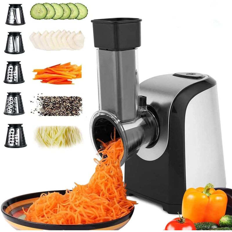 foto del prodotto tagliaverdure elettrico, grattugia multifunzionale 250w con 5 coni in acciaio inox