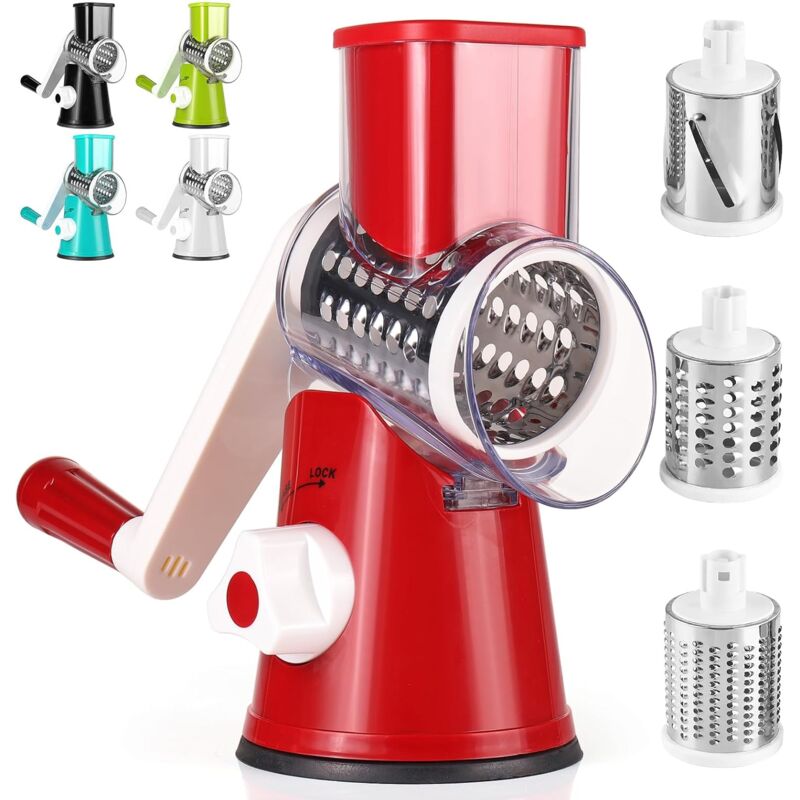 foto del prodotto tagliaverdure manuale da cucina, multifunzionale, con 3 lame a tamburo staccabili, tagliaverdure per patate, potente aspirazione, carote, formaggio,