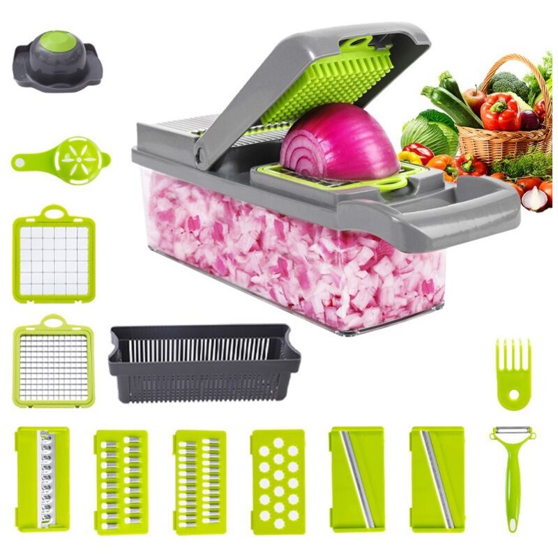 foto del prodotto tagliaverdure multifunzionale, 12 in 1 da cucina, tagliaverdure manuale, cucina professionale, tagliaverdure con 7 lame regolabili, tagliaverdure per