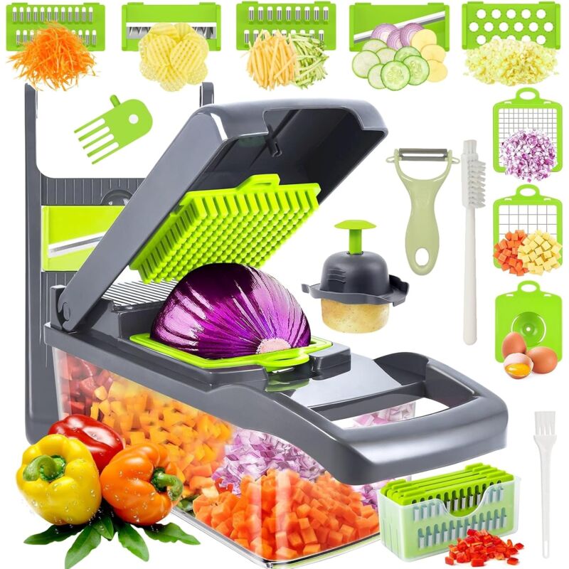 foto del prodotto tagliaverdure multifunzionale, tagliaverdure 17 in 1, mandolina da cucina professionale, tagliaverdure con 7 lame intercambiabili, tagliaverdure per