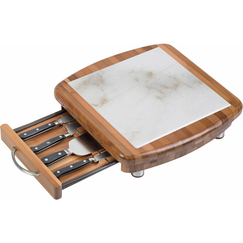 foto del prodotto tagliere formaggio 36x36x10,5cm con coltelli in legno e marmo alexander apollo