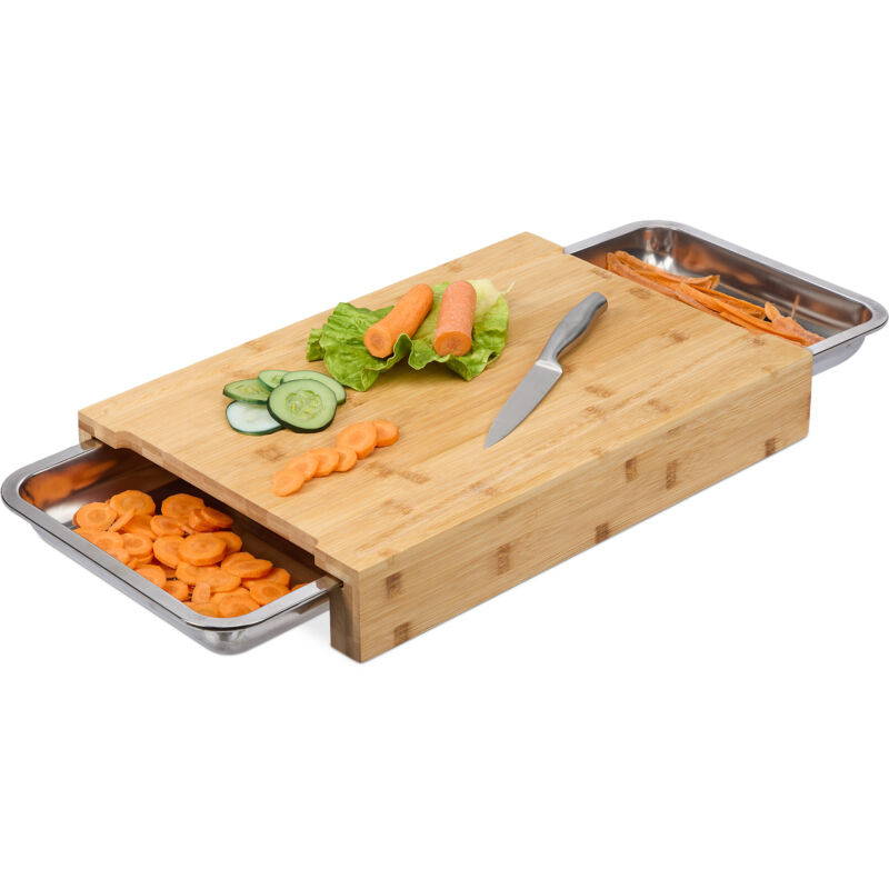 foto del prodotto tagliere in bamb con vaschette acciaio inox per scarti, asse cucina, 8x45x30 cm, tavoletta, naturale argento relaxdays