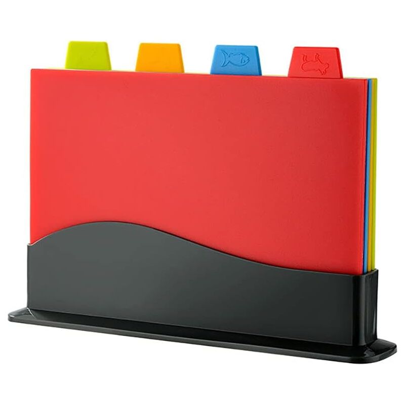 foto del prodotto tagliere lablanc set di 4 taglieri in plastica extra spessi con codice colore e ripiano portaoggetti facili da appendere e lavabili in
