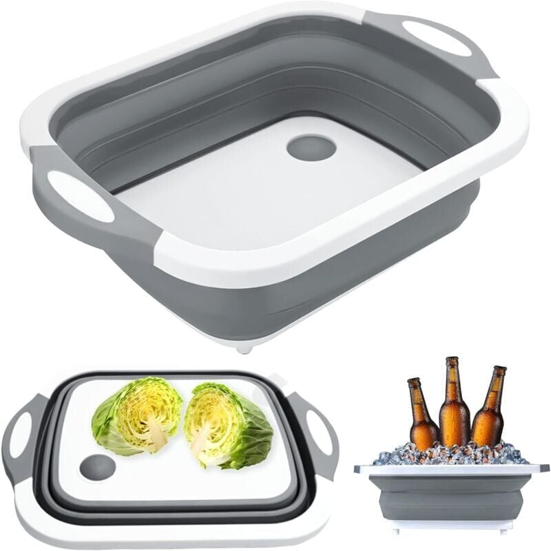 foto del prodotto tagliere pieghevole 3 in 1, cestello di drenaggio multifunzione con tappo di scarico, cestello portaoggetti portatile per cucina e campeggio grigio 