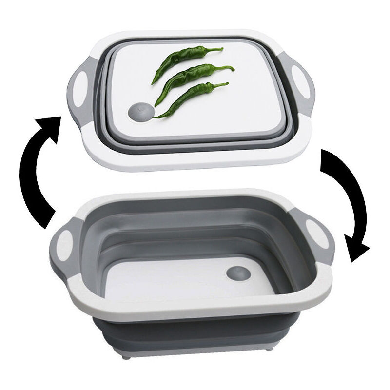 foto del prodotto tagliere pieghevole 3 in 1, cestino portaoggetti multifunzionale, cestino di scarico con tappo di scarico e asciugamano per cucina e viaggio grigio ,