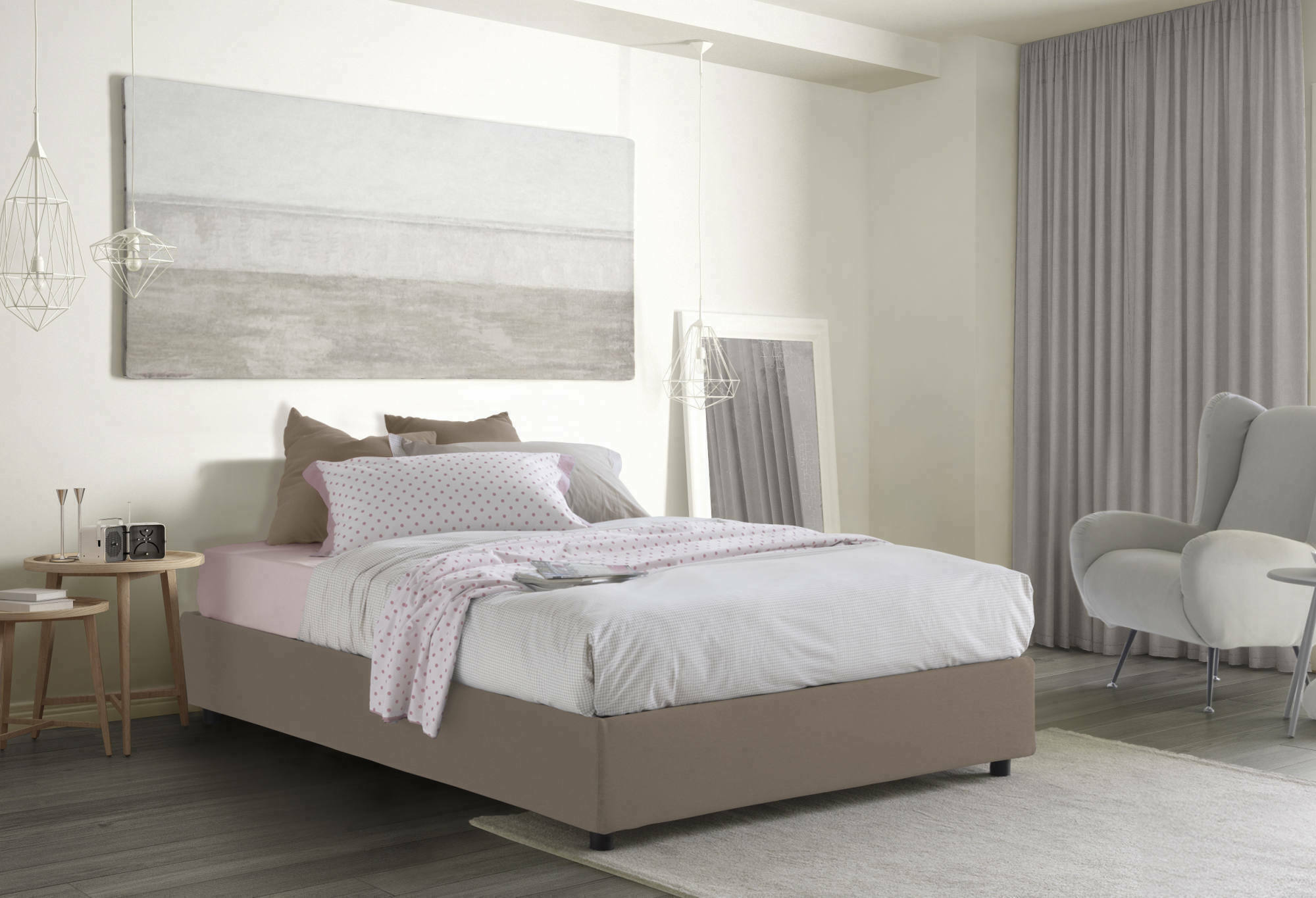 foto del prodotto talamo italia letto matrimoniale chloe, letto contenitore con rivestimento in tessuto, 100 made in italy, apertura frontale, adatto per materasso cm