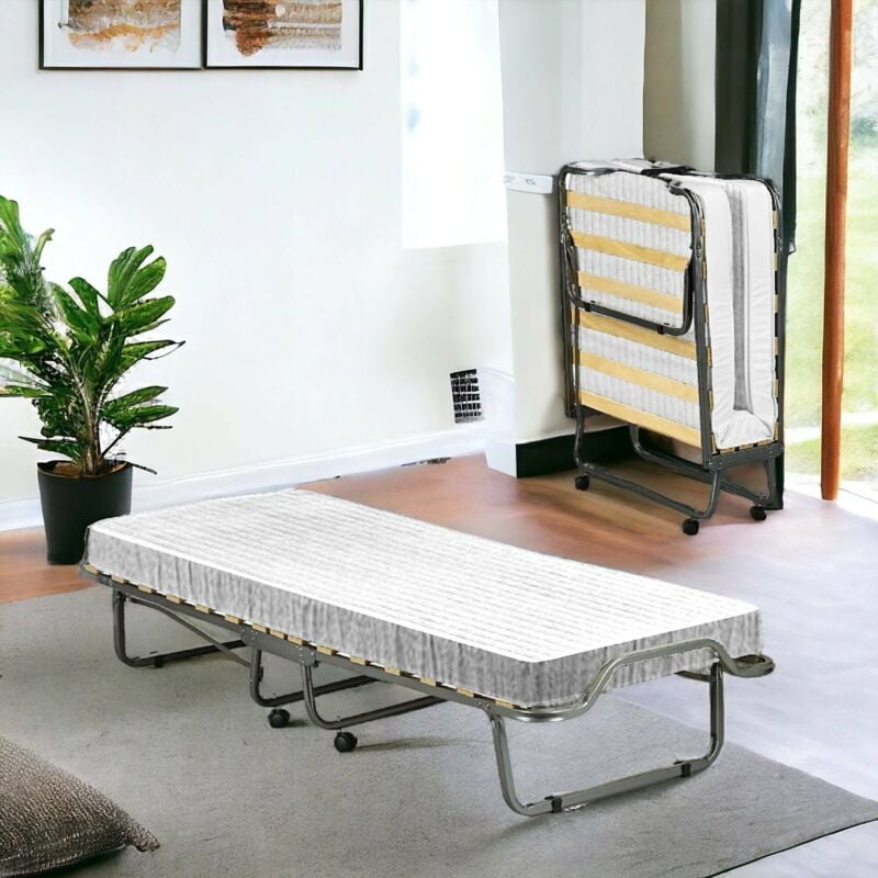 foto del prodotto talamo italia letto pieghevole vania, brandina con rete 15 doghe, materasso incluso, lettino salvaspazio, 100 made in italy, 80x190h39 cm,