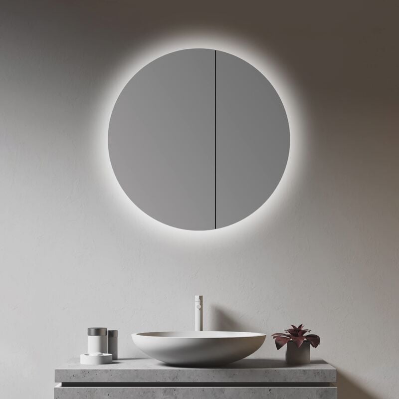 foto del prodotto talos armadietto a specchio da bagno con illuminazione, rotondo, 60 cm, con struttura in alluminio di alta qualit , con due ripiani in vetro