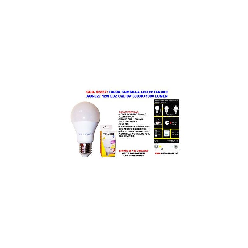 foto del prodotto talox lampadina led standard a60 e27 12w luce calda 3000k 1000 lumen