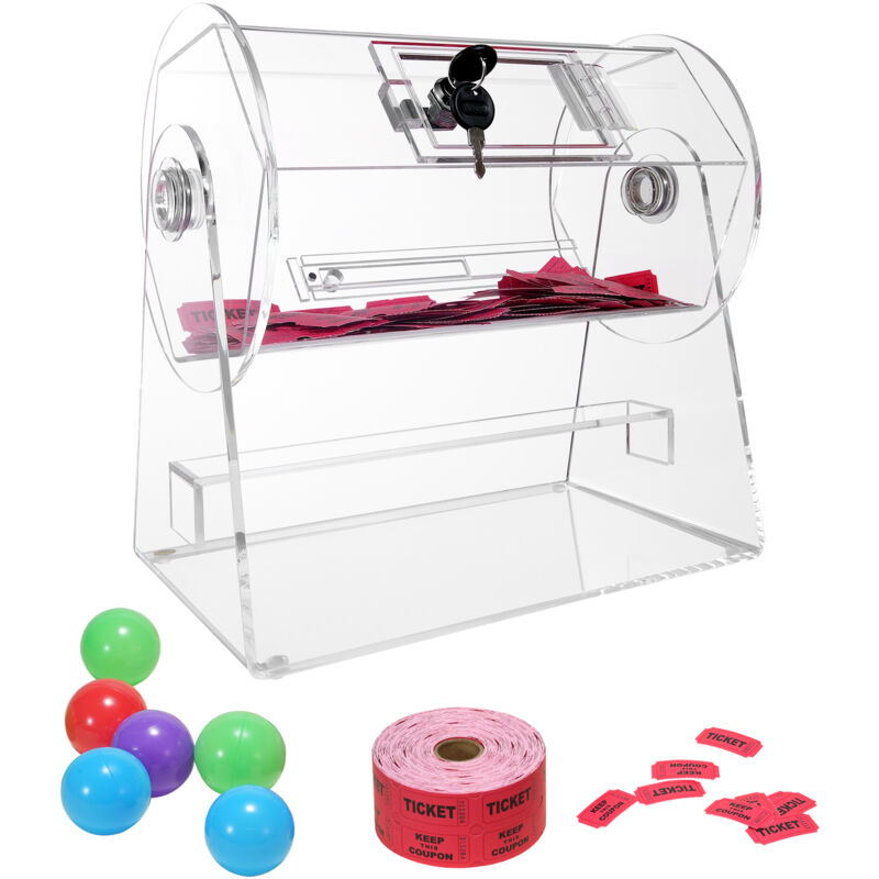 foto del prodotto tamburo lotteria capacita 2500 biglietti o 100 palline tombola, serbatoio girevole, piattaforma girevole trasparente lotteria, scatola per biglietti