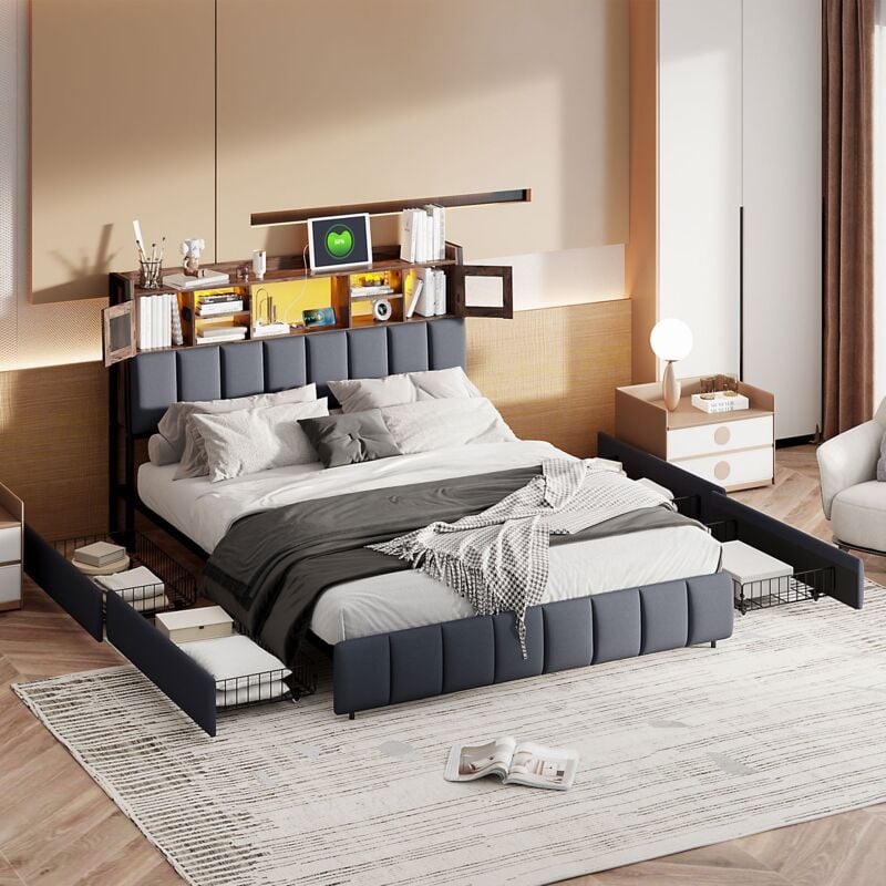 immagine 0 del prodotto tanant letti con cassetti 140x200 cm, letto matrimoniale con 4 cassetti, testiera illuminata a led con porta di ricarica usb type c, contenitore,