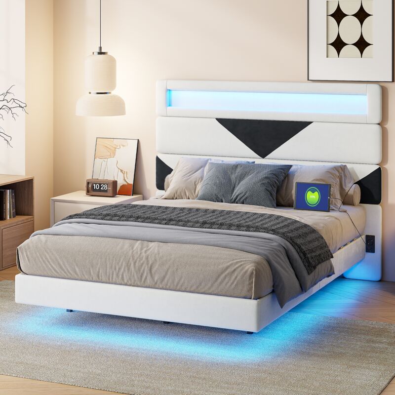 foto del prodotto tanant letto 140x190 cm mdf, letto flottante con testiera triangolare, letto matrimoniale con porta di ricarica usb e illuminazione a led, rete a