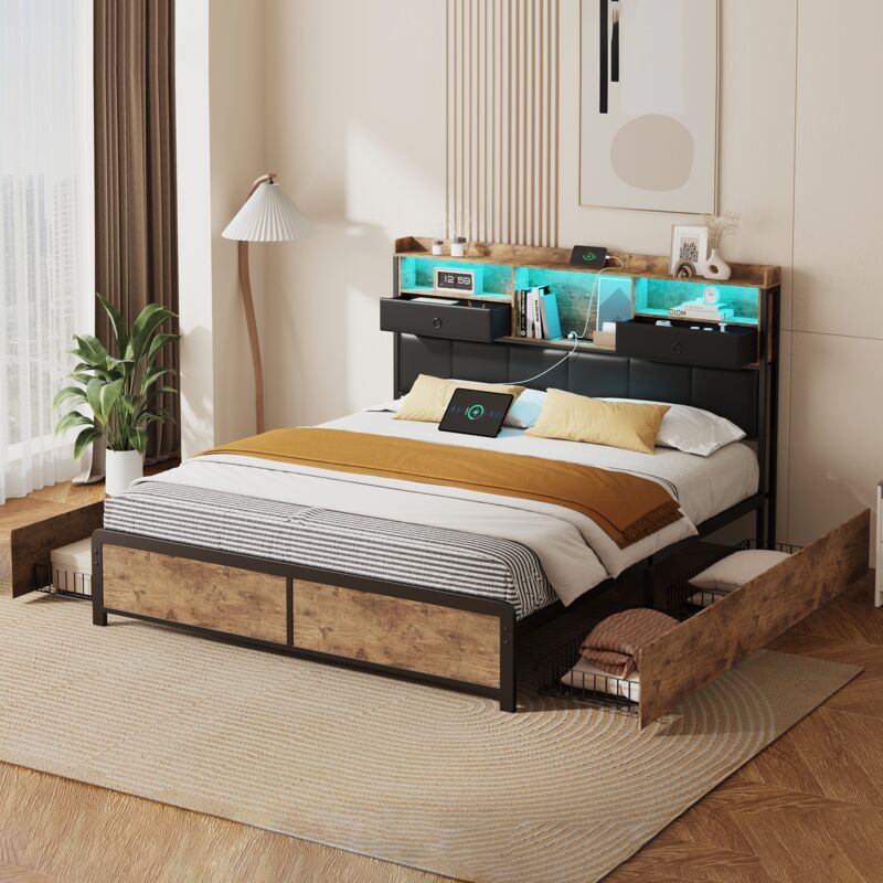 foto del prodotto tanant letto 140x200 cm, similpelle, letto con cassettiere con 4 cassetti, testiera con illuminazione a led, base in metallo, letto per adulti in