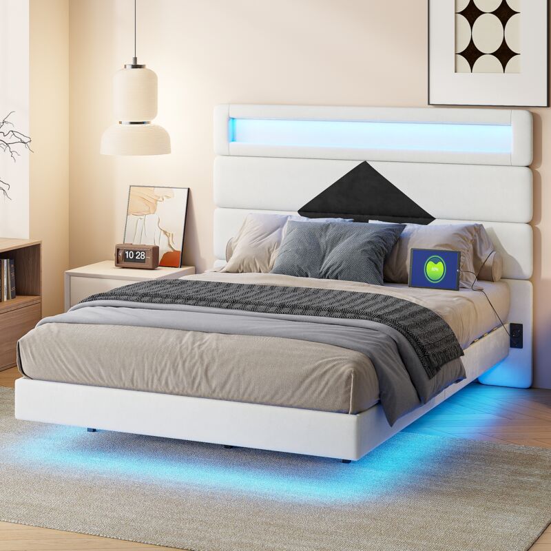 foto del prodotto tanant letto 160x200 cm mdf, letto flottante con testiera a diamante, letto matrimoniale con porta di ricarica usb e illuminazione a led, rete a