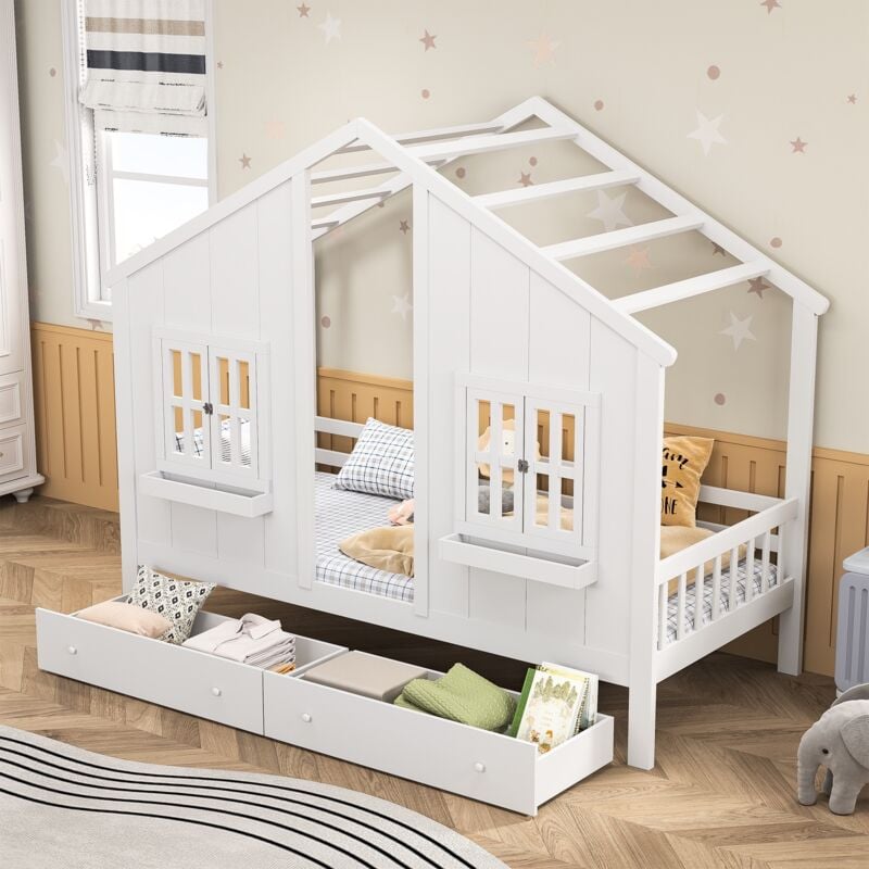 foto del prodotto tanant letto a cabina 90x200 cm, in legno massiccio, letto per bambini con 2 cassetti e barriera di sicurezza, rete a doghe, letto per bambini,