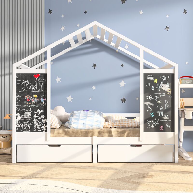 foto del prodotto tanant letto a capanna 90x200 cm con rete a doghe, 2 cassetti contenitori e tavoletta per scarabocchi, struttura letto in legno massello, sponde di