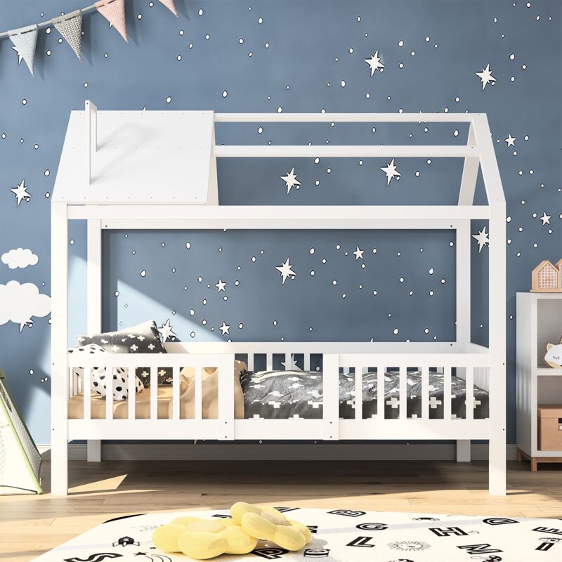 foto del prodotto tanant letto a capanna per bambini 90x200 cm con struttura letto e sponda di sicurezza, pino massiccio, letto singolo, bianco
