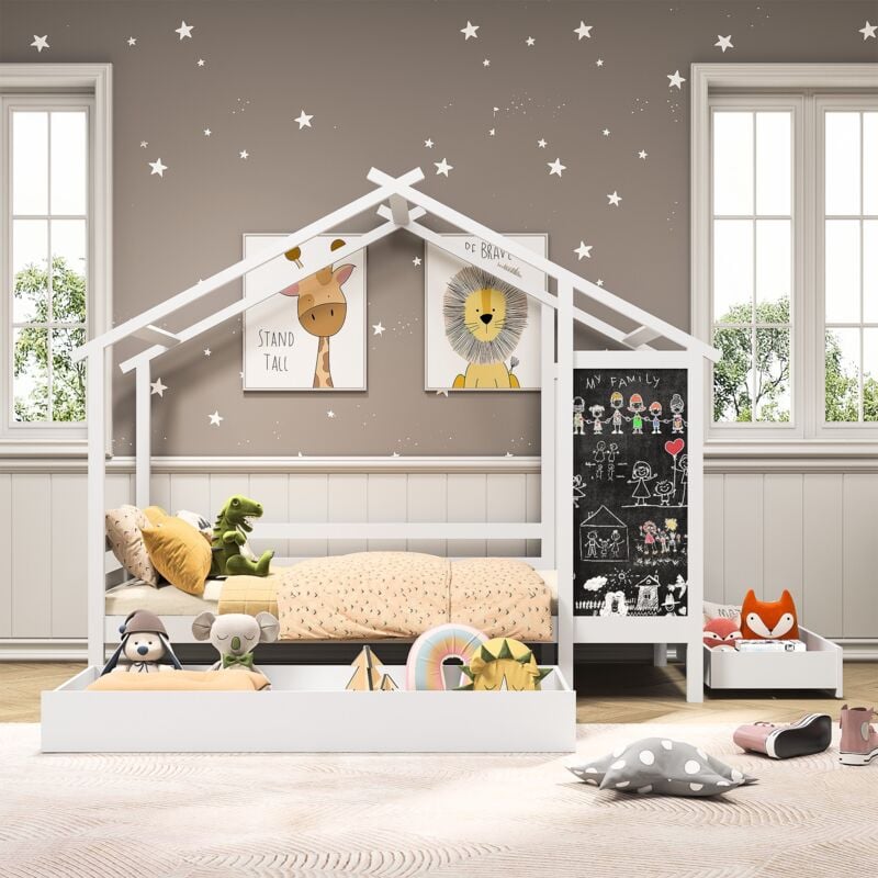foto del prodotto tanant letto a capanna per bambini 90x200cm, con rete a doghe, 2 cassetti e lavagna, letto singolo, stile contemporaneo, legno massello bianco