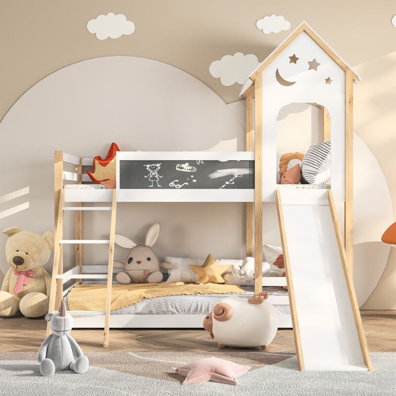 foto del prodotto tanant letto a castello 90x200 cm struttura in legno massello letto per bambini con sponda di sicurezza, con scaletta, scivolo e lavagna, rete