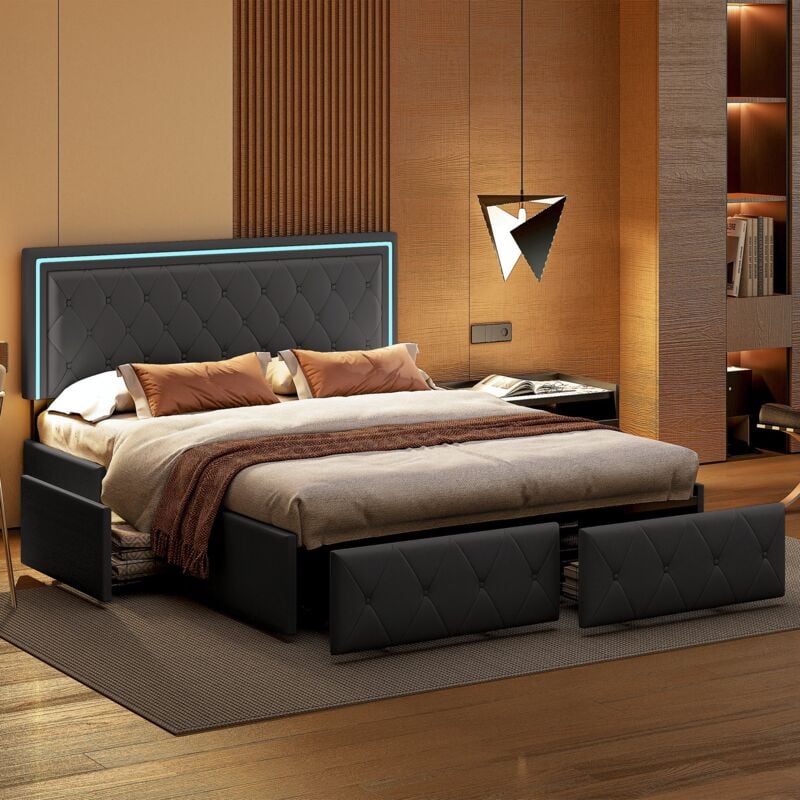 foto del prodotto tanant letto con cassetti 140x200 cm, similpelle, letto matrimoniale con 4 cassetti, decorazione rivetti, testiera con illuminazione led, rete a