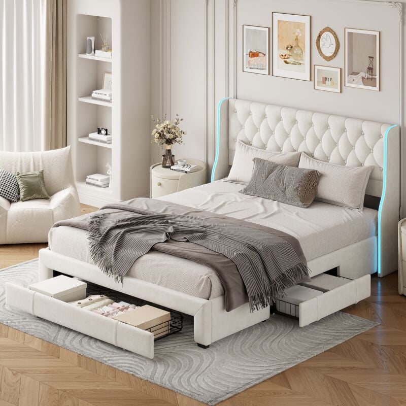 foto del prodotto tanant letto con cassetti 140x200cm con 3 cassetti, letto matrimoniale con testiera con decorazione a rivetti, illuminazione a led, rete a doghe,