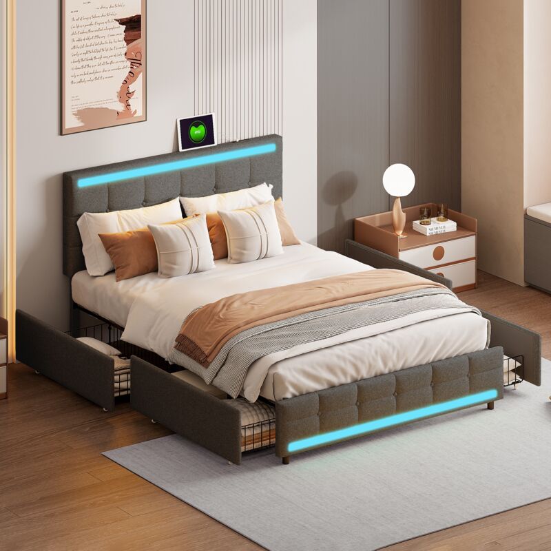 foto del prodotto tanant letto con cassetti 140x200cm con 4 cassetti e 2 postazioni di ricarica usb, testiera illuminata a led, rete a doghe, letto per adulti