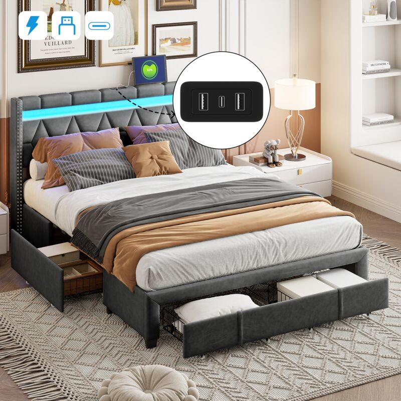 foto del prodotto tanant letto con cassetti 140x200cm, lino, letto matrimoniale con 4 cassetti, testiera decorata a rombi con ricarica usb e illuminazione led,