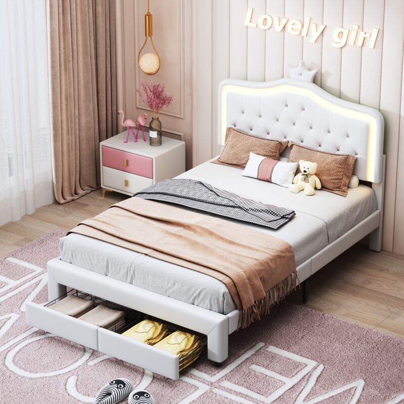 foto del prodotto tanant letto con cassetti 140x200cm testiera a corona da principessa, illuminazione a led e 2 cassetti, rete a doghe, letto matrimoniale in stile